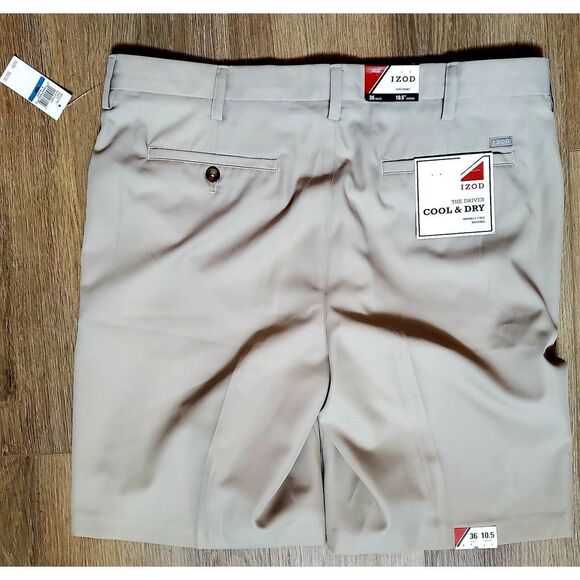 IZOD Shorts Golf 36 NEW The Driver Cool & Dry Khaki Shorts Tan Flat Front NWT - Picture 3 of 11
